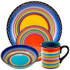 Tequila Sunrise 16-Piece Traditional Multi-color Ceramic Dinnerware Set (Service for 4) - Super Arbor Colorful Dinnerware, Mexican Kitchen Decor, Ceramic Dinnerware Set, Tequila Sunrise, Mothers Day Crafts For Kids, Ceramic Dinnerware, Dinner Plate Sets, Mexican Style, Mothers Day Crafts