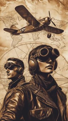 two men in leather jackets and goggles standing next to each other with an airplane above them