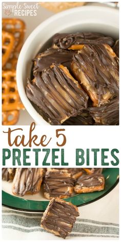 chocolate pretzel bites on a plate with the words take 5 pretzel bites