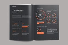 an orange and black brochure is open to show information about the company's annual report