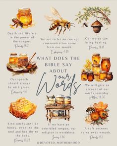 a poster with honey related items on it and the words what does the bible say about bees?