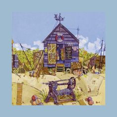 a painting of an old fashioned sewing machine in front of a small blue building on the beach