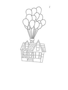 a drawing of a house with balloons floating from it's roof and the words happy birthday written in black ink