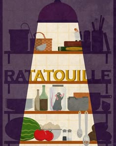 an illustration of a kitchen shelf with various items on it and the words ratatouli written in large letters