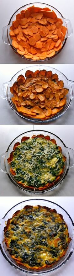 four different types of pies in pans on top of each other and bottom one with spinach