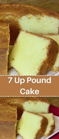 two pieces of pound cake sitting on top of a white plate with the words, 7 up pound cake