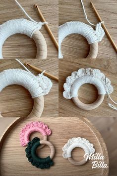 crocheted objects are arranged on a wooden table