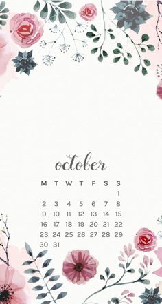 a calendar with flowers on it and the date is written in black, white, and pink