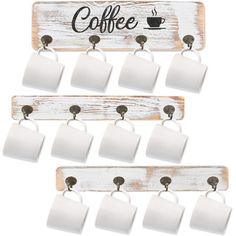 coffee mugs are hanging from the hooks on a wooden sign that says, coffee