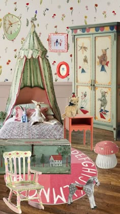 a child's bedroom decorated in pink and green