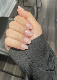 Short Nails Ideas Sparkle, Sparkly Round Nails, Bubble Bath With Glitter Nails, Neutral Glitter Nails Acrylic, Plain Sparkle Nails, Nude Sparkle Nails Short, White Sparkly Dip Nails, Clear Glitter Dip Nails, Sheer Sparkly Nails