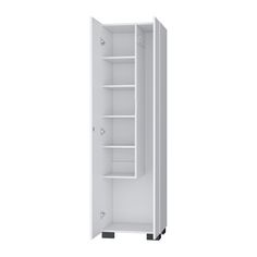 an empty white cabinet with shelves on each side