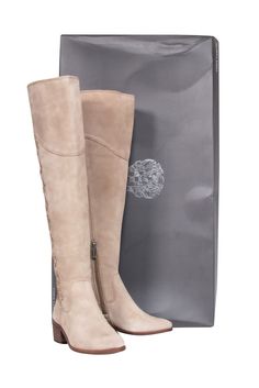 Current Boutique-Vince Camuto - Taupe Suede Tall Boot Sz 4.5 Wide Calf Suede Knee-high Boots, Fall Suede Boots For Walking, Suede Boots For Fall Walking, Casual Fitted Platform Boots With Reinforced Heel, High Ankle Boots For Walking In Fall, Fall Walking Boots With High Ankle, High Ankle Walking Boots For Fall, Casual Mid-calf Boots With Almond Toe, Knee-high Suede Boots For Spring