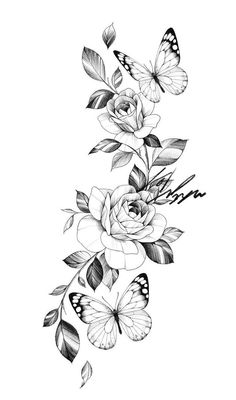 a black and white drawing of flowers with butterflies