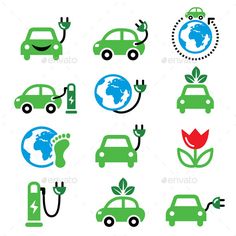 green and blue car symbols with earth on the top, in different colors stock photo