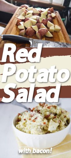 red potato salad with bacon in a white bowl