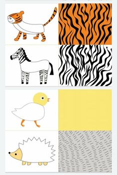 four different pictures with animals and zebras in the middle one has an orange, white, and black background