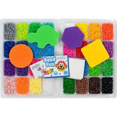 an assortment of beads and shapes in a plastic container with the contents labelled bead fun