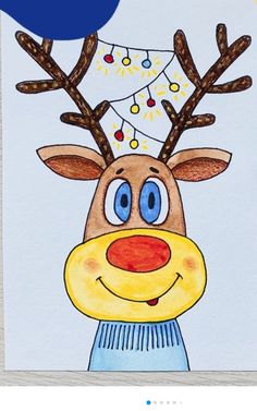 a drawing of a reindeer with antlers on it's head and blue nose