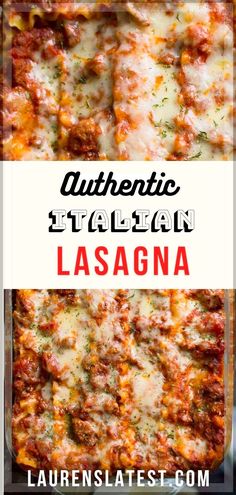 an italian lasagna is shown with the title above it in red and white