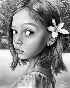 a pencil drawing of a girl with a flower in her hair, looking at the camera