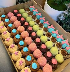 a box filled with lots of cupcakes on top of a table next to potted plants