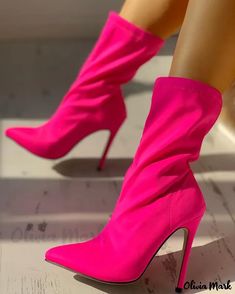 Olivia Mark - Elegant Pointed-Toe Stiletto Ankle Boots Hot Pink Boots, Stiletto Ankle Boots, Pink Booties, Boots Heel, Stiletto Boots, Pu Heels, Pointed Toe Heels, Spring Style, Heel Boots