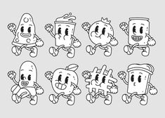 cartoon characters with different expressions in black and white on a gray background, set of six