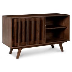 the sideboard is made out of wood and has an open shelf on one end