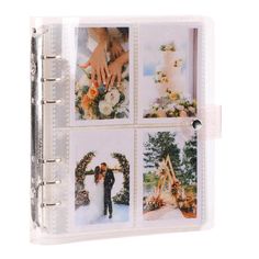 a wedding album with four pictures on the front and two photos on the back in white