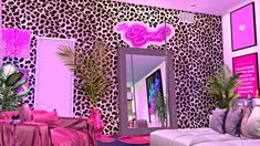 a living room decorated in pink and black with leopard print on the walls, couches, mirror and potted plants