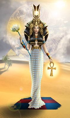 an egyptian woman holding a white rose in her right hand and a golden key on her left