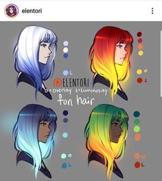 four different colored hair styles with the words elenttory on them and an image of two