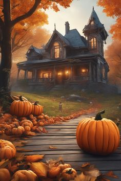 pumpkins on the ground in front of a house with trees and leaves around it