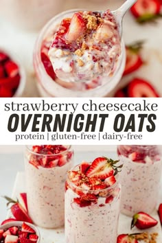 strawberry cheesecake overnight oats in jars with strawberries on the side and text overlay