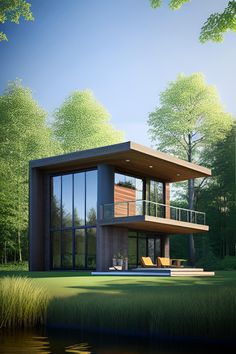 an artist's rendering of a modern house in the woods