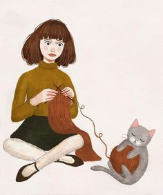 a woman sitting on the ground with a cat and knitting yarn in front of her