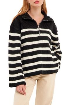 A striped, wool-kissed sweater levels up your laid-back look with bell sleeves and a nifty half-zip closure. Spread collar Long sleeves 50% polyester, 45% acrylic, 5% wool Hand wash, dry flat Imported Zip Front Sweater, Healthy Mix, English Factory, Zip Collar, Outfits For Fall, Half Zip Sweaters, Stripe Shirt, White Sweater, Women's Sweaters