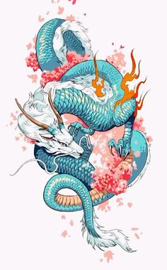 two blue and white dragon with red flowers