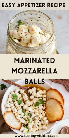 the ingredients for marinated mozzarella in a jar and bread on a plate