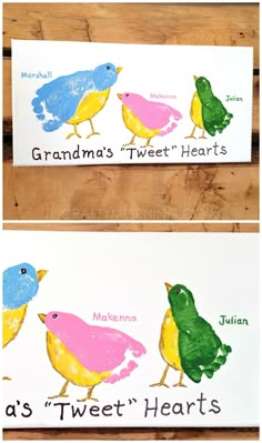 two handmade cards with colorful birds on them, and the words grandma's tweet hearts