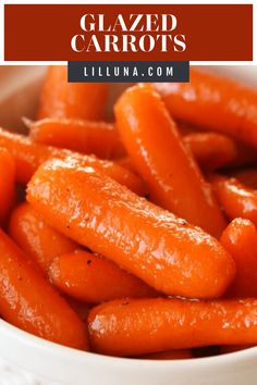 glazed carrots in a white bowl with text overlay