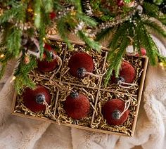 an ornament in a box on a blanket under a christmas tree