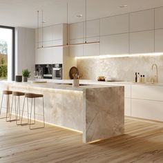 a modern kitchen with marble counter tops and bar stools in front of an open window