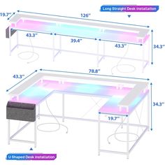 an image of a computer desk with lights on it and measurements for the table top