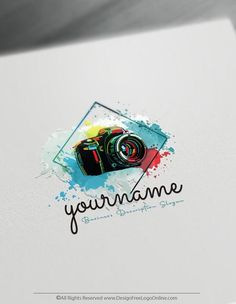 a camera logo with the words you're name written on it and watercolor paint splatters