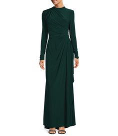 Betsy & Adam Stretch Jersey Side Drape Round Neck Long Sleeve Gown #Dillards Fitted Pre-draped Long Sleeve Maxi Dress, Fitted Long Sleeve Maxi Dress With Draped Sleeves, Fitted Long Sleeve Pre-draped Maxi Dress, Fitted Long Sleeve Maxi Dress With Pleated Back, Dillards Dresses Formal, Winter Formal Dresses Long, Modest Evening Gowns, Green Evening Gowns, Formal Wedding Guest Dress