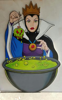 a painting of an evil queen holding a spoon in front of a bowl of green liquid