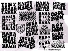 some black and white graffiti type designs on a gray background with the words happy, happy mama