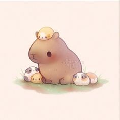 a drawing of a mother capybara with her two babies sitting in the grass